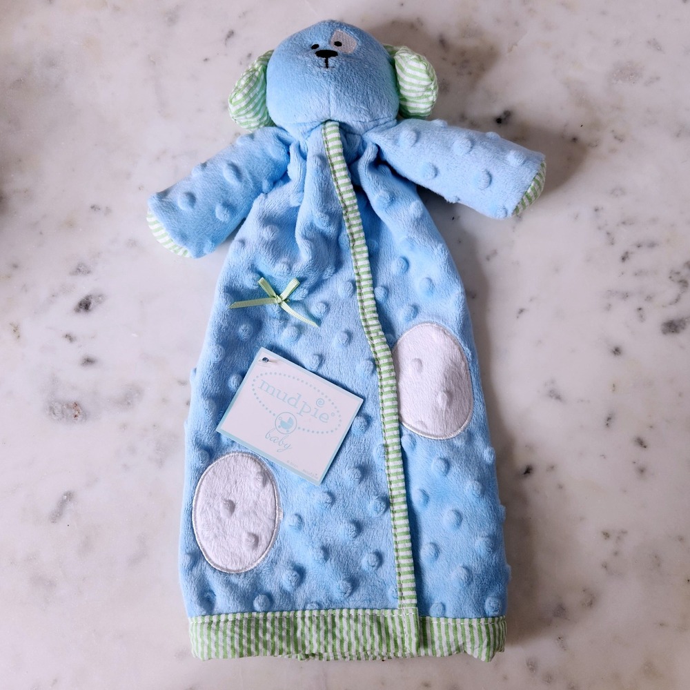 Mud Pie Baby Security Blanket Blue Puppy Cuddle Pal Lovey Soft Plush Satin Minky